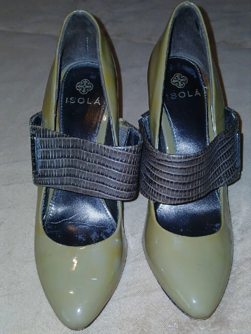 Womens Isola Olive Green Leather Pointed-Toe Heels with Croc Strap  Sz: 7